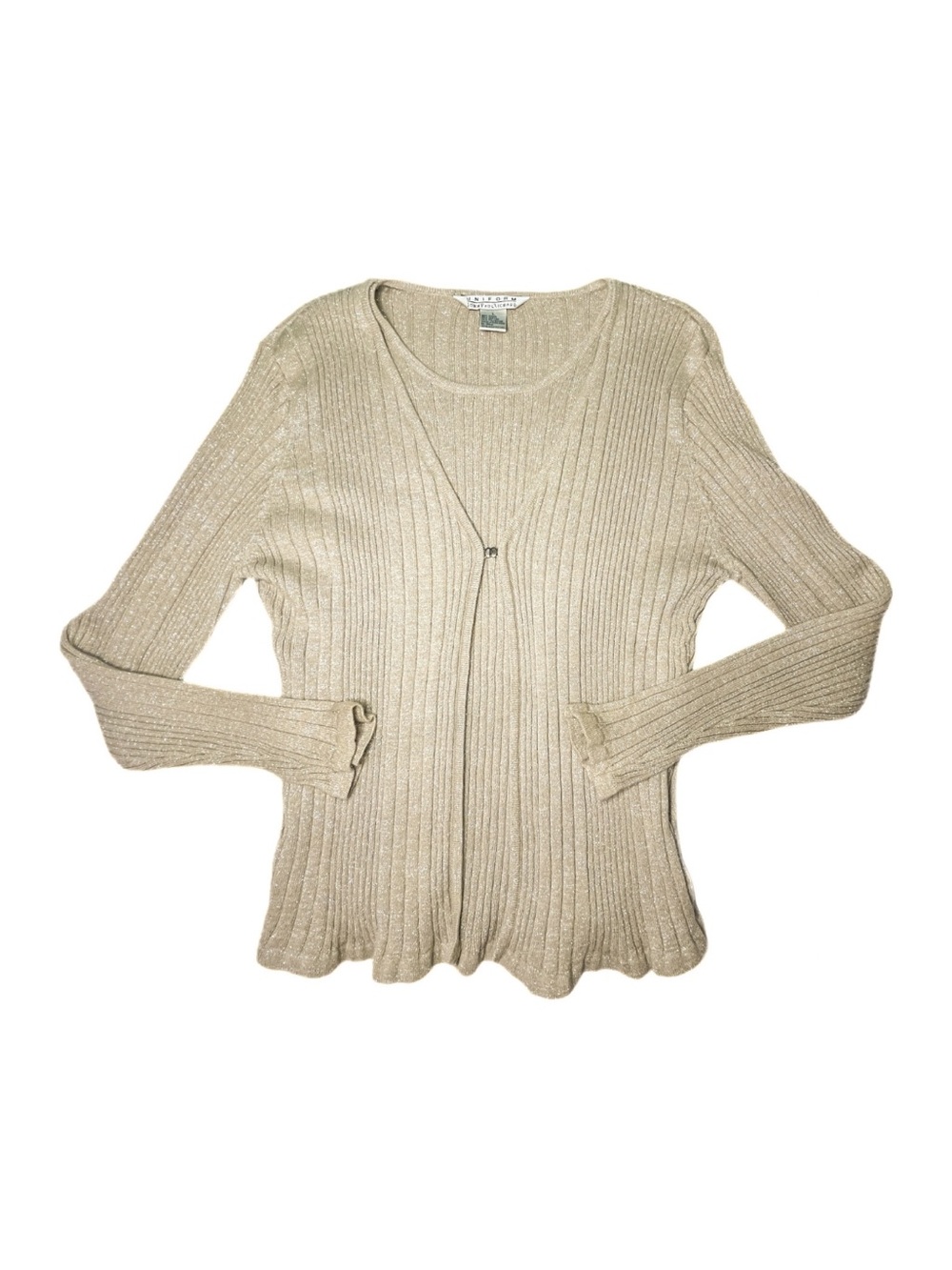 Vintage Y2K Gold Metallic Ribbed Twinset Top Womens L Office Siren Uniform